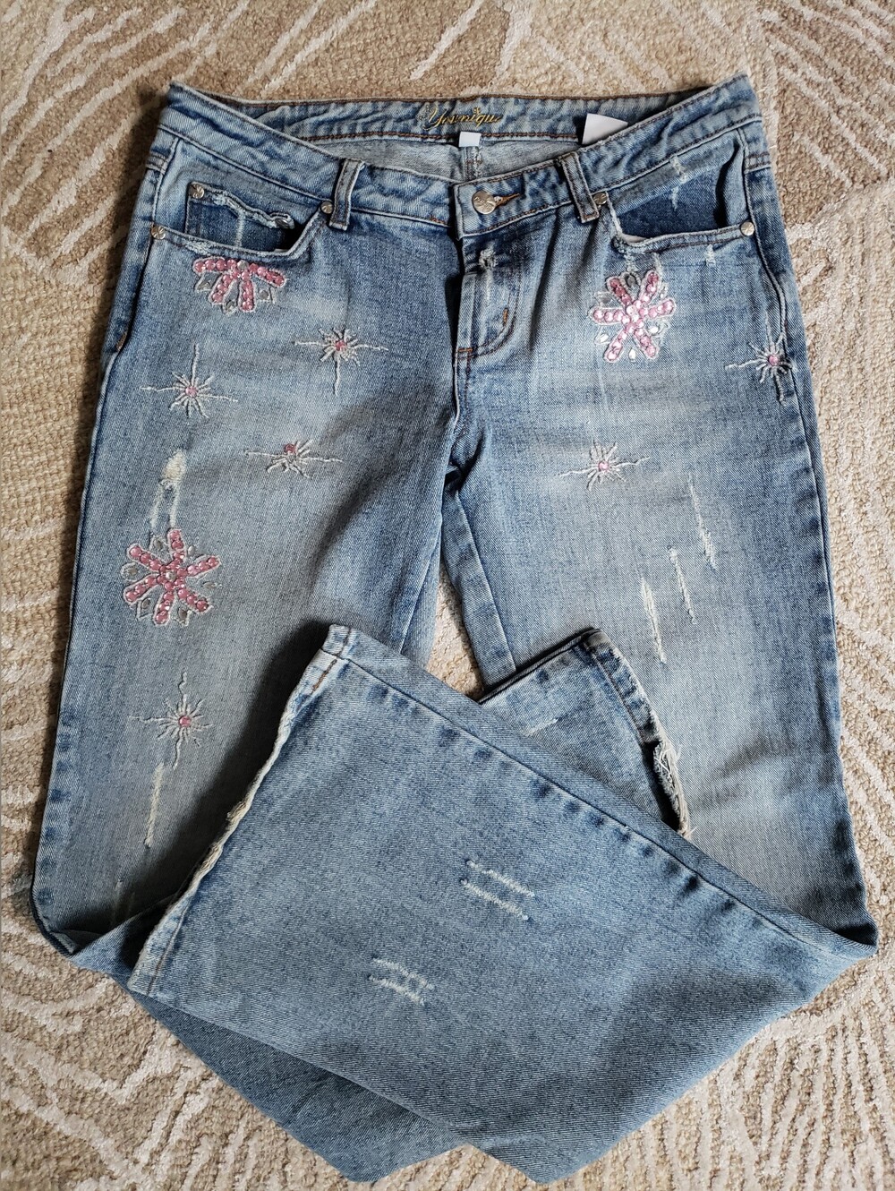 Younique Light Wash Flare Jeans with Pink Beads Embroidered Accents. Sz.11